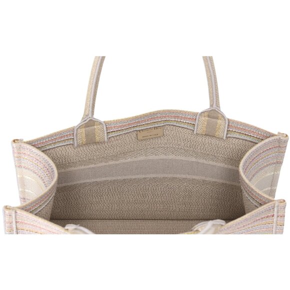 Christian Dior Medium Book Tote Canvas Embroidered Stripes Beige Multicolor - Picture 8 of 9